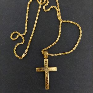 14k 3mm 24" Gold Rope & Cross